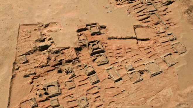 This aerial photo shows a series of pyramids and graves that a team of archaeologists has been exploring at Sedeinga in Sudan. Since 2009 they have discovered at least 35 small pyramids at the site, the largest being 22 feet in width. 