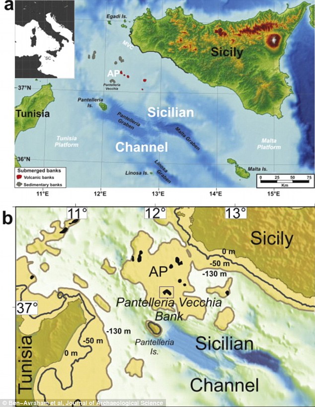 The location of submerged Pantelleria Vecchia is shown in the top map. Map 'B' shows how the Sicilian and Tunisian shorelines changed. The brown contour shows what they would have looked like when the sea level was 393ft (120 metres) lower than present day, and in grey, 164ft (50 metres) lower when the island thrived
