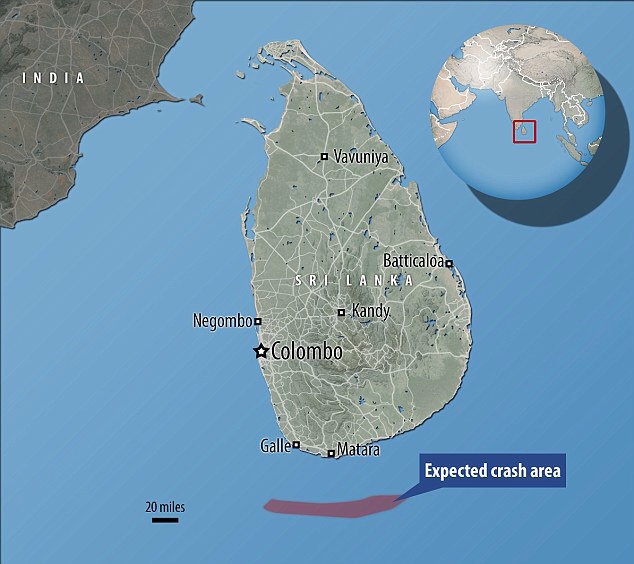 The object, dubbed WTF1190F, is set to land in the Indian Ocean, around 40 miles (65km) off the southern tip of Sri Lanka (marked on this map in red) at 6:20 UTC on 13 November