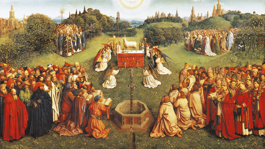 Detail of the central compartment of The Adoration of the Mystic Lamb, completed in 1432 by Jan van Eyck, where pilgrims gather to pay homage to the lamb of God. Many art historians interpret the painting's fountain as a symbol of eternal life.