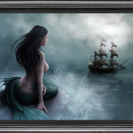 Mermaid and flying dutchman ghost ship